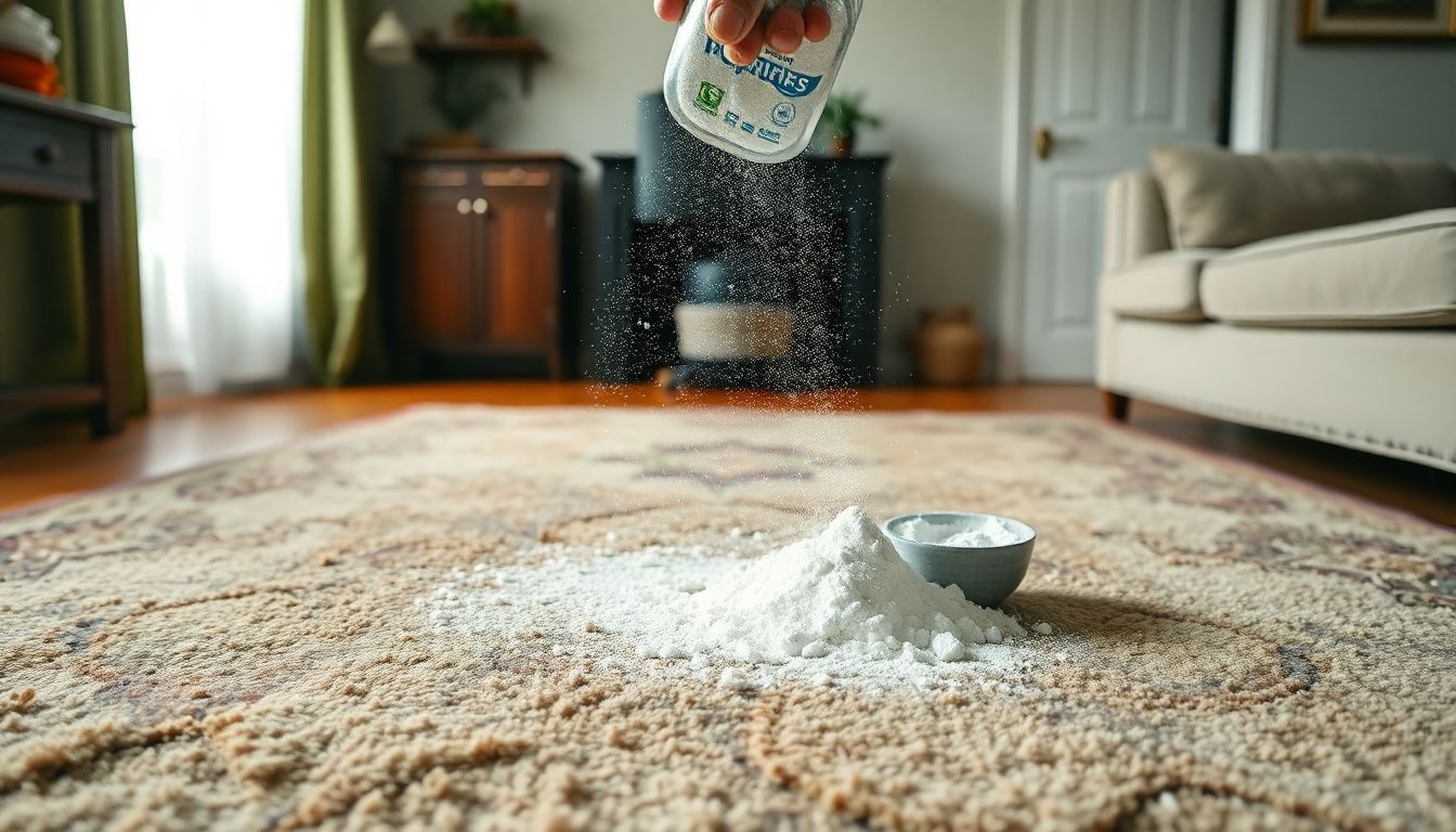 Wasmiddel wordt gebruikt om hardnekkige vlekken en geuren uit een versleten kleed te verwijderen.