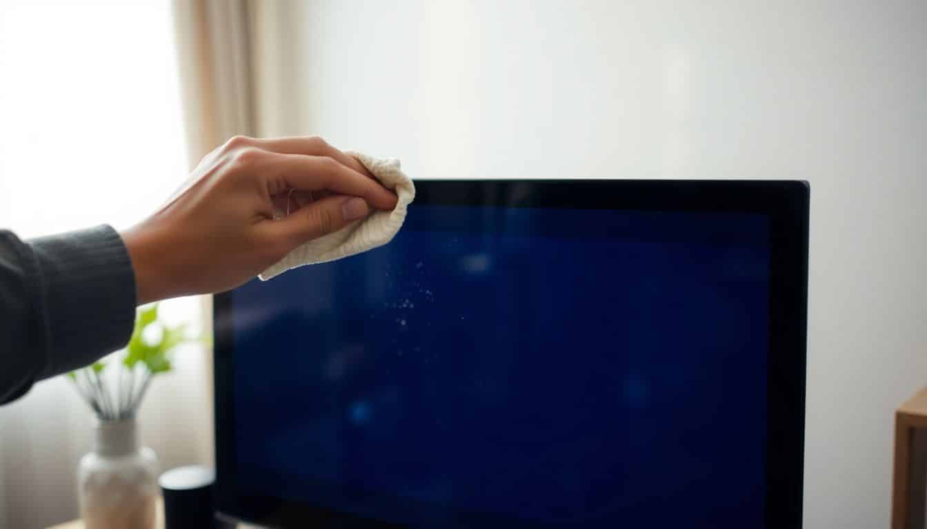 Een TV-scherm wordt voorzichtig schoongemaakt met een vochtige doek.
