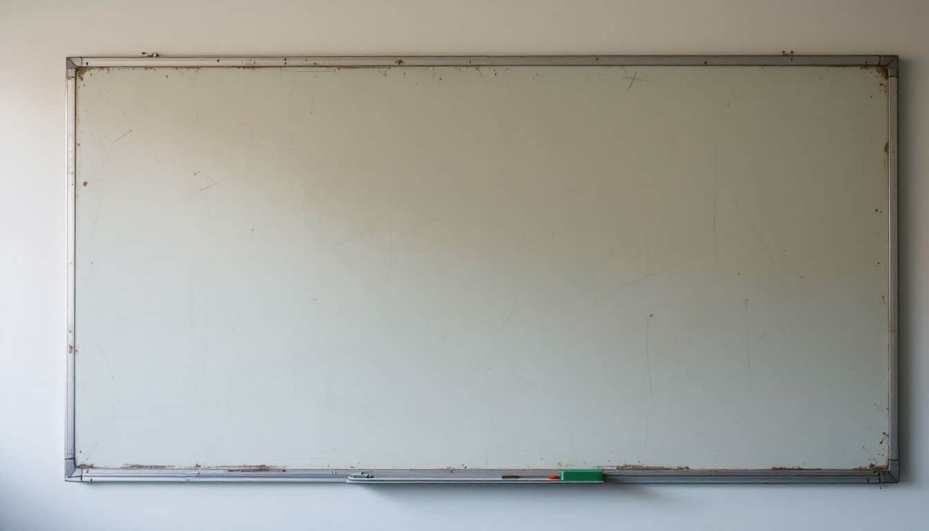 Een verweerd whiteboard bedekt met vlekken en inktvlekken in een klaslokaal.