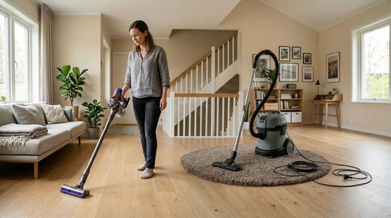 Moderne woonkamer: persoon gebruikt een slanke draadloze steelstofzuiger op een houten vloer; naast een groot vloerkleed staat een gewone canister/stofzuiger met slang en snoer kla