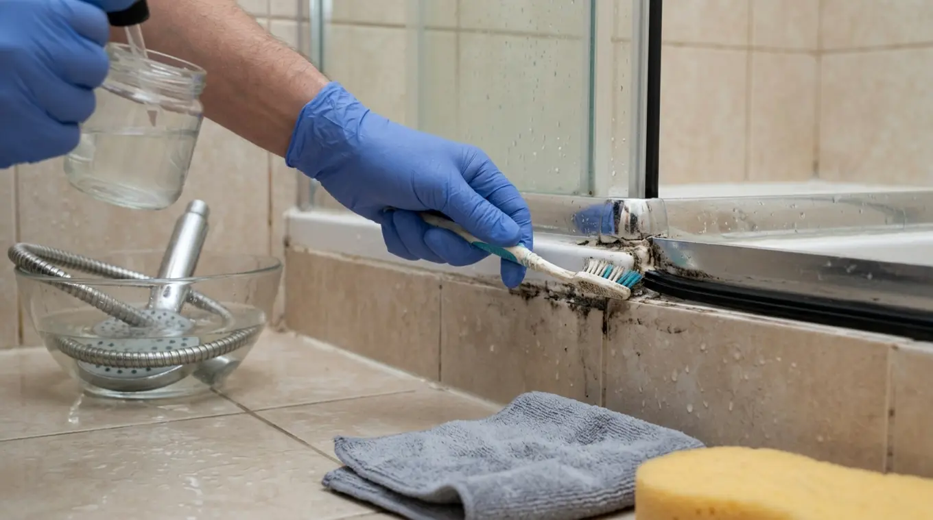 Close-up van een hand met handschoen die met een oude tandenborstel zwarte schimmel van de kit en rubbers in een douchecabine schrobt; op de rand staat een kom met een douchekop di